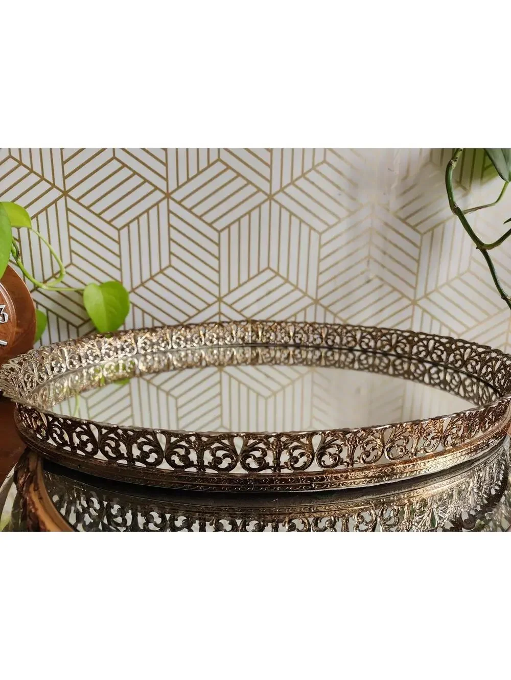 Large Hollywood Regency Style Brass Filigree & Glass Mirror Oval Vanity Tray